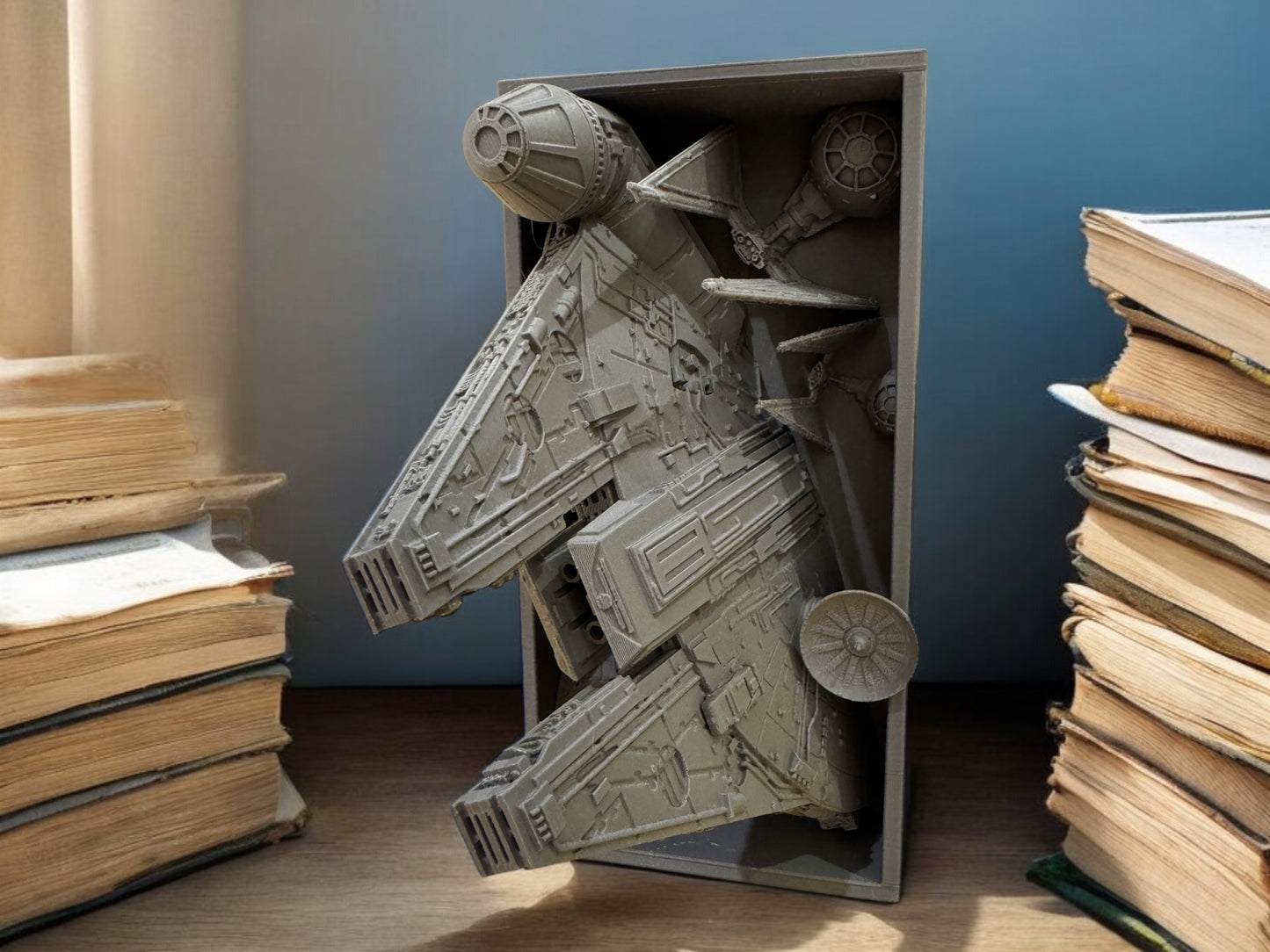 Millennium Falcon Book Nook - |  Galactic Battle Scene Star Wars inspired | Bookcase | Handcrafted Art | White or Grey | Model